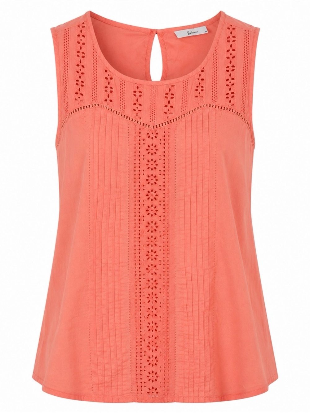 Eyelet Embroidered Pinched Coral Peach Cotton Sleeveless Woman Blouse Top US 10